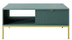 Ława kawowa Vellore 104x68 cm zielona z ryflowanym frontem, złotymi uchwytami i stelażem