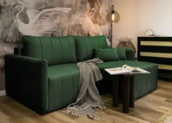 Kanapa rozkładana do narożnika Pierra z pojemnikiem ciemnozielona velvet hydrofobowa