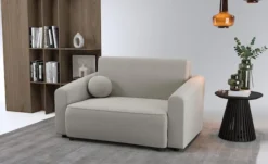 Kanapa rozkładana dwuosobowa Stevio 150 cm z pojemnikiem szarobeżowa szenil hydrofobowy
