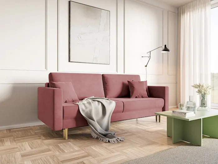 Kanapa rozkładana trzyosobowa Valico różowa velvet hydrofobowy