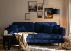 Kanapa rozkładana trzyosobowa Valico granatowa velvet hydrofobowy