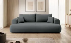 Kanapa rozkładana trzyosobowa Ovo z pojemnikiem ciemnoszara welur w tkaninie łatwoczyszczącej