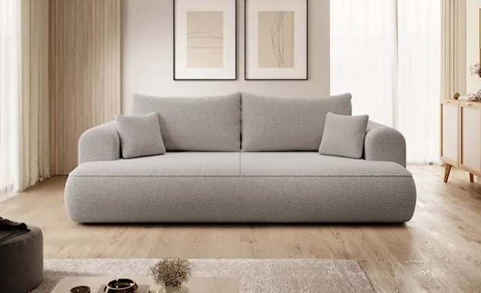 Kanapa rozkładana trzyosobowa Ovo z pojemnikiem ciemnobeżowa boucle