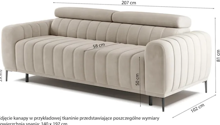 Kanapa rozkładana trzyosobowa Gandi popielaty welur stelaż włoski