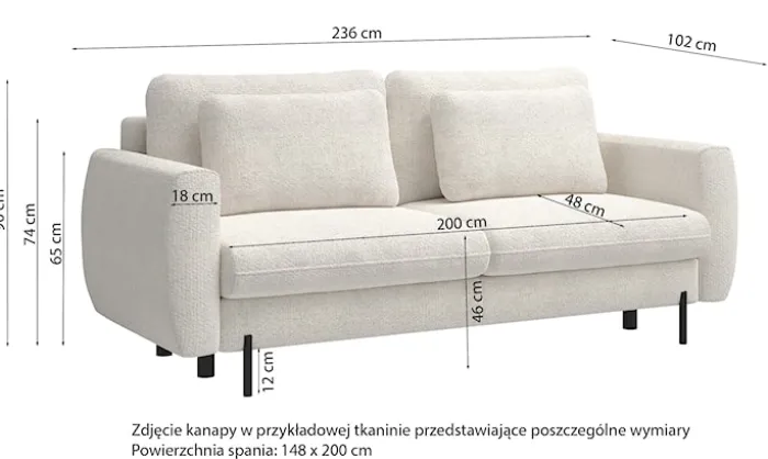 Kanapa rozkładana trzyosobowa Rane z pojemnikiem beżowa szenil hydrofobowy