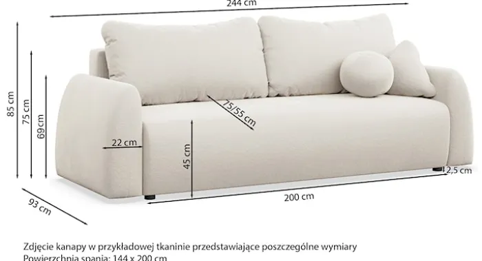 Kanapa rozkładana trzyosobowa Nubelle z pojemnikiem szara szenil hydrofobowy