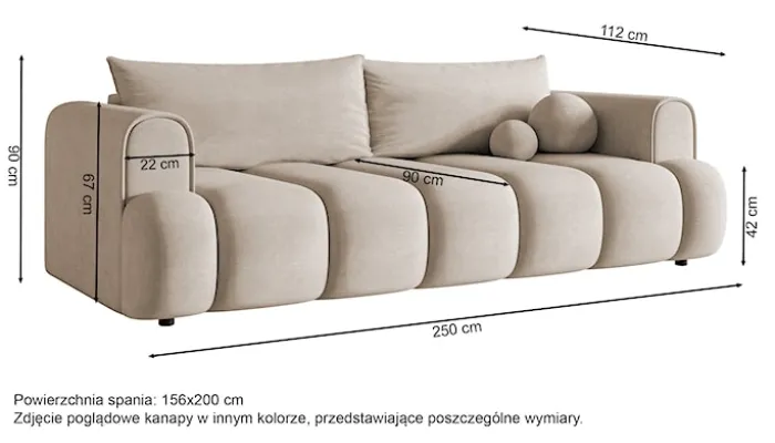 Kanapa trzyosobowa Dandelino z funkcją spania jasnoszara welur hydrofobowy