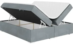 Łóżko kontynentalne Baseo wysokie 140x200 cm bez wezgłowia z pojemnikami i topperem jasnoszare welur hydrofobowy