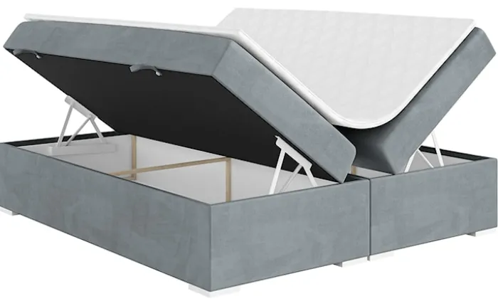 Łóżko kontynentalne Baseo wysokie 140x200 cm bez wezgłowia z pojemnikami i topperem jasnoszare welur hydrofobowy