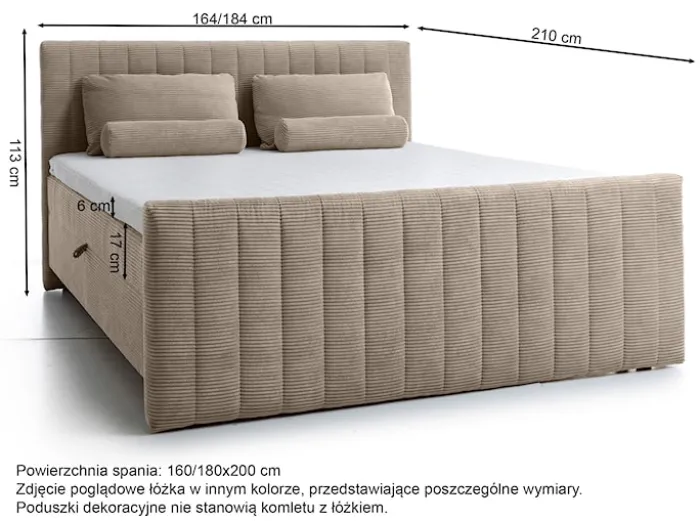 Łóżko kontynentalne Lullabino 180x200 cm z pojemnikami i topperem jasnoszare sztruks