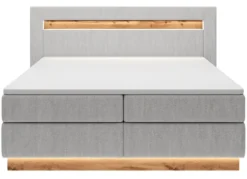 Łóżko kontynentalne Oski 140x200 cm z topperem i oświetleniem jasnoszary welur