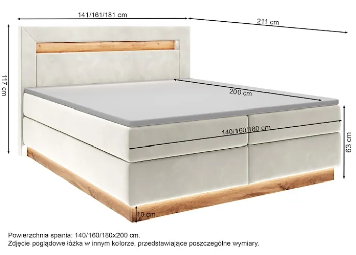Łóżko kontynentalne Promie 140x200 cm z topperem i oświetleniem grafitowy welur