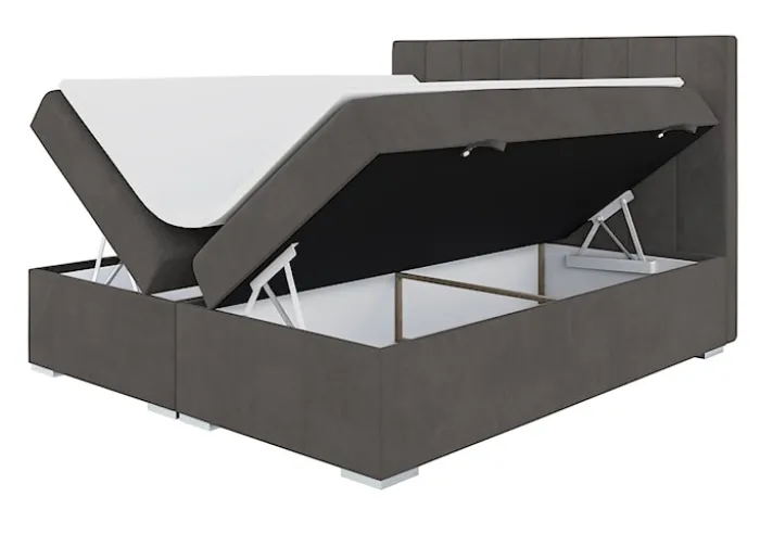 Łóżko kontynentalne 160x200 cm Alenna z pojemnikami i topperem ciemnoszare welur hydrofobowy