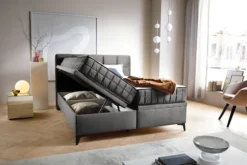 Łóżko kontynentalne 160x200 cm Beriano z pojemnikami i materacem popielate welur