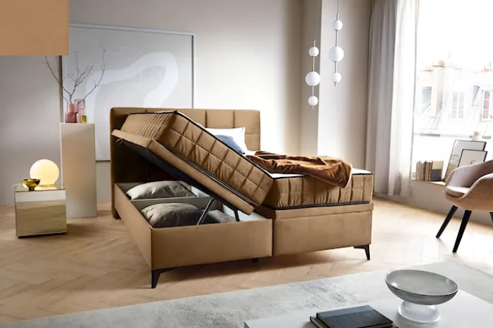 Łóżko kontynentalne 160x200 cm Beriano z pojemnikami i materacem beżowe welur