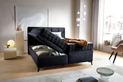 Łóżko kontynentalne 160x200 cm Beriano z pojemnikami i materacem granatowe welur