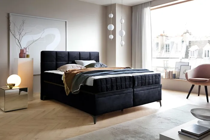 Łóżko kontynentalne 160x200 cm Beriano z pojemnikami i materacem granatowe welur