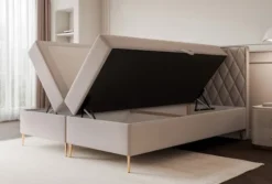 Łóżko kontynentalne 140x200 cm Caresso z materacem bonellowym i topperem szarobeżowe welur hydrofobowy