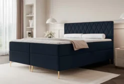 Łóżko kontynentalne 160x200 cm Caresso z materacem bonellowym i topperem granatowe welur hydrofobowy