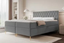 Łóżko kontynentalne 160x200 cm Caresso z materacem bonellowym i topperem niebieskoszare welur hydrofobowy