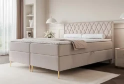 Łóżko kontynentalne 160x200 cm Caresso z materacem bonellowym i topperem szarobeżowe welur hydrofobowy