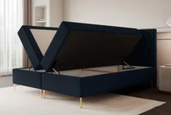 Łóżko kontynentalne 180x200 cm Caresso z materacem bonellowym i topperem granatowe welur hydrofobowy