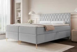 Łóżko kontynentalne 180x200 cm Caresso z materacem bonellowym i topperem gołębie welur hydrofobowy