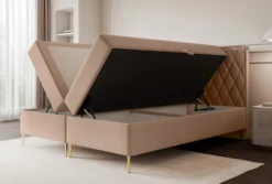 Łóżko kontynentalne 180x200 cm Caresso z materacem bonellowym i topperem beżowe welur hydrofobowy