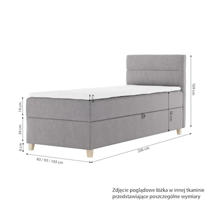 Łóżko kontynentalne 90x200 cm Charolle z pojemnikiem i topperem jednoosobowe granatowe welur prawostronne