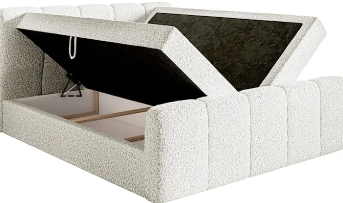 Łóżko kontynentalne 200x200 cm Cloudy II z pojemnikami i topperem kremowe boucle