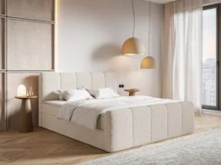 Łóżko kontynentalne 200x200 cm Cloudy II z pojemnikami i topperem jasnobeżowe boucle