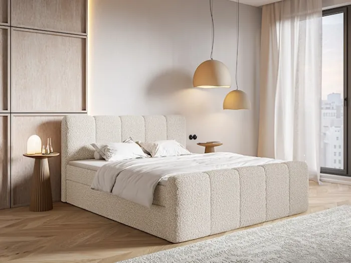 Łóżko kontynentalne 200x200 cm Cloudy II z pojemnikami i topperem jasnobeżowe boucle