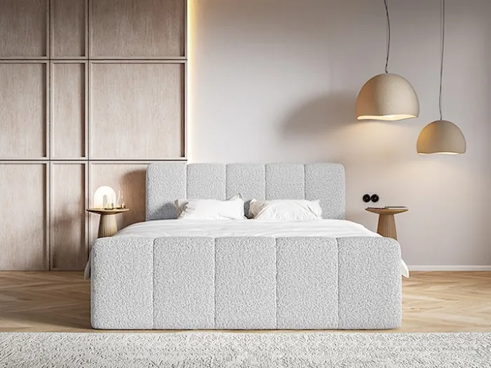Łóżko kontynentalne 200x200 cm Cloudy II z pojemnikami i topperem jasnoszare boucle