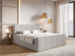 Łóżko kontynentalne 200x200 cm Cloudy II z pojemnikami i topperem szarobrązowe boucle
