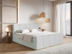 Łóżko kontynentalne 160x200 cm Cloudy II z pojemnikami i topperem jasnoszare szenil hydrofobowy