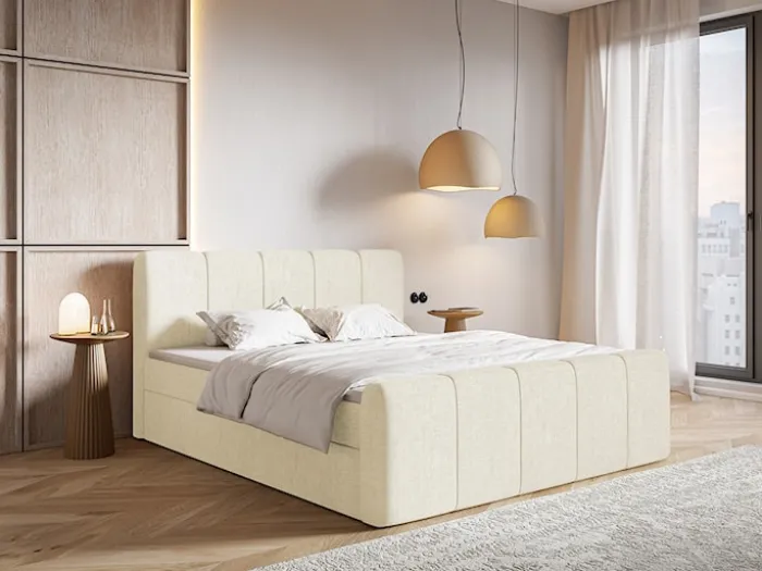 Łóżko kontynentalne 200x200 cm Cloudy II z pojemnikami i topperem kremowe szenil hydrofobowy