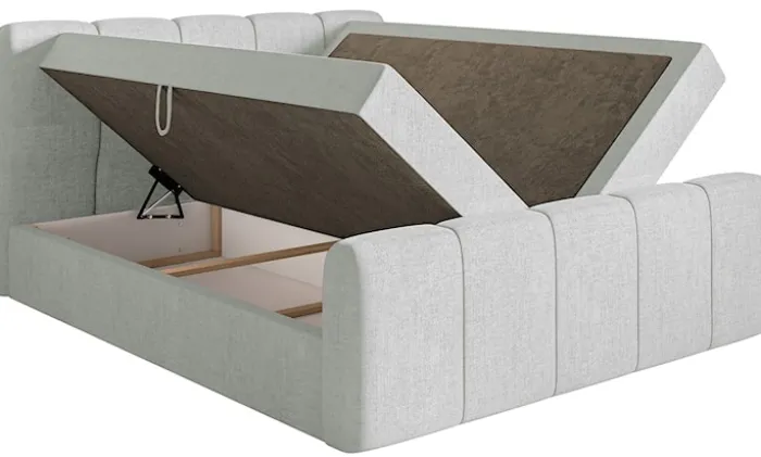 Łóżko kontynentalne 200x200 cm Cloudy II z pojemnikami i topperem jasnoszare szenil hydrofobowy