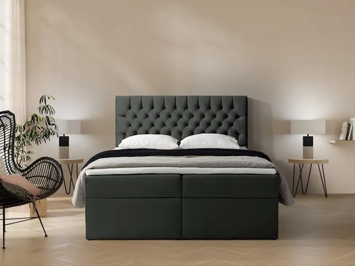 Łóżko kontynentalne 140x200 cm Daissy z pojemnikami i topperem ciemnoszare welur