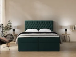 Łóżko kontynentalne 140x200 cm Daissy z pojemnikami i topperem butelkowa zieleń welur