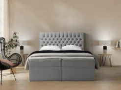 Łóżko kontynentalne 160x200 cm Daissy z pojemnikami i topperem szare welur