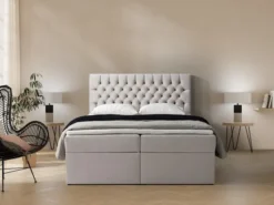 Łóżko kontynentalne 160x200 cm Daissy z pojemnikami i topperem jasnobeżowe welur