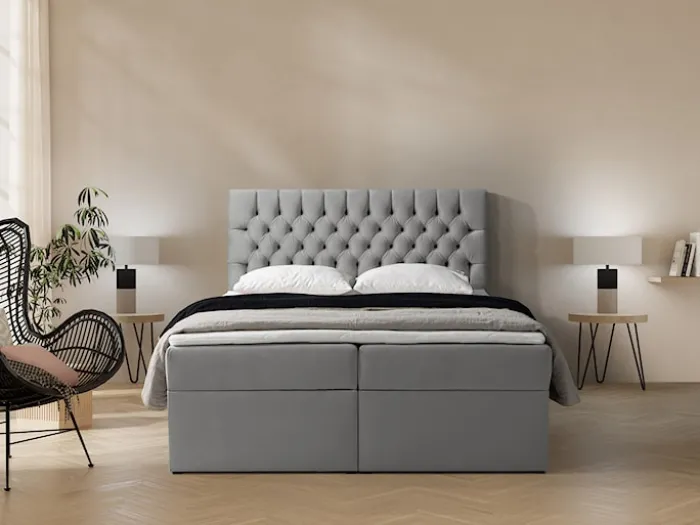 Łóżko kontynentalne 180x200 cm Daissy z pojemnikami i topperem szare welur