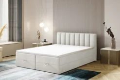 Łóżko kontynentalne 140x200 cm Dorsetto z pojemnikami i materacem bonellowym kremowe welur hydrofobowy