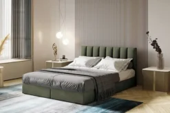 Łóżko kontynentalne 140x200 cm Dorsetto z pojemnikami i materacem bonellowym oliwkowe welur hydrofobowy
