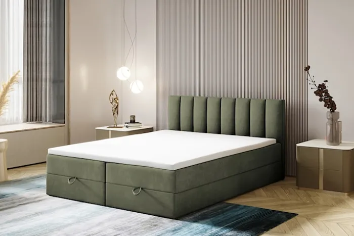 Łóżko kontynentalne 140x200 cm Dorsetto z pojemnikami i materacem bonellowym oliwkowe welur hydrofobowy