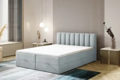 Łóżko kontynentalne 140x200 cm Dorsetto z pojemnikami i materacem bonellowym jasnoszare welur hydrofobowy