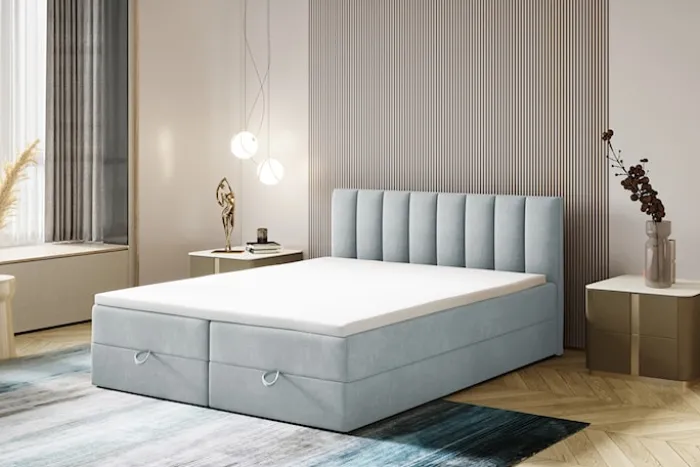 Łóżko kontynentalne 140x200 cm Dorsetto z pojemnikami i materacem bonellowym jasnoszare welur hydrofobowy