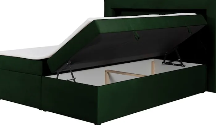 Łóżko kontynentalne 140x200 cm Goldess z pojemnikami i oświetleniem LED butelkowa zieleń welwet
