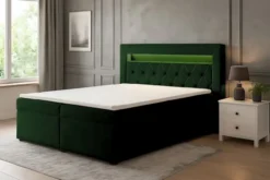 Łóżko kontynentalne 140x200 cm Goldess z pojemnikami i oświetleniem LED butelkowa zieleń welwet