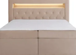 Łóżko kontynentalne 140x200 cm Goldess z pojemnikami i oświetleniem LED beżowe welwet